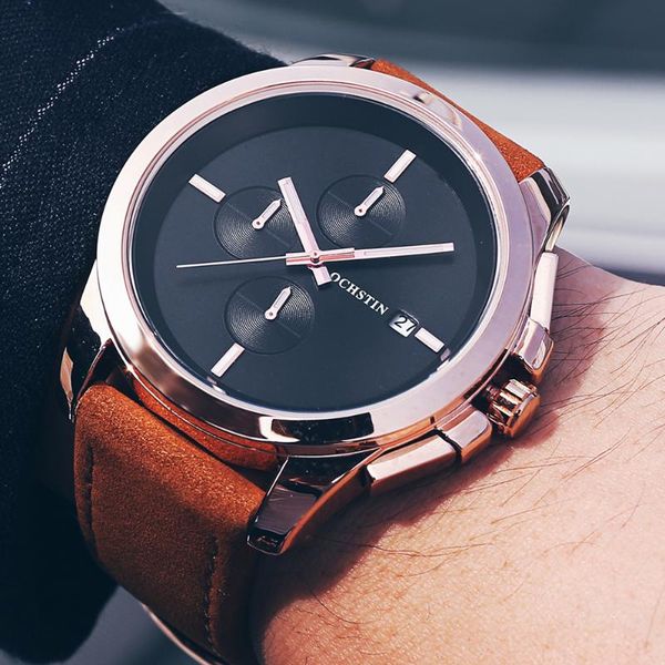 

wristwatches men watches male leather waterproof sport quartz chronograph military wrist watch clock ochstin montre, Slivery;brown