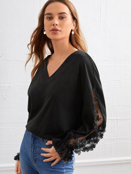 

floral applique mesh sleeve j8g4#, White