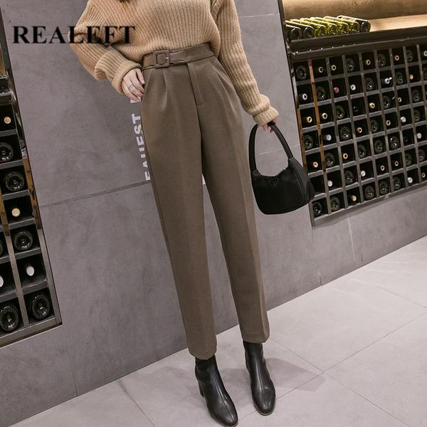 

autumn winter 2021 woolen formal women's harem pant sashes high waist office lady ankle-length elegant pocket pants & capris, Black;white