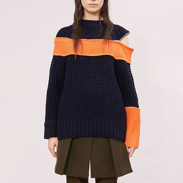 

autumn striped hit color sweater for women o neck long sleeve one shoulder knitting hollow out female sweaters fashion, White;black