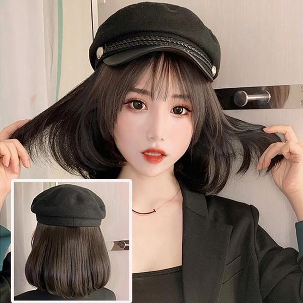 

stingy brim hats women stylish bob straight short wig hairpiece hair extension with peaked cap naturally connect hat adjustable, Blue;gray