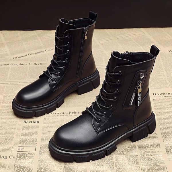 

boots leather women's autumn and winter 2021 british wind ins tide short tube handsome locomotive joker lace-up singl, Black