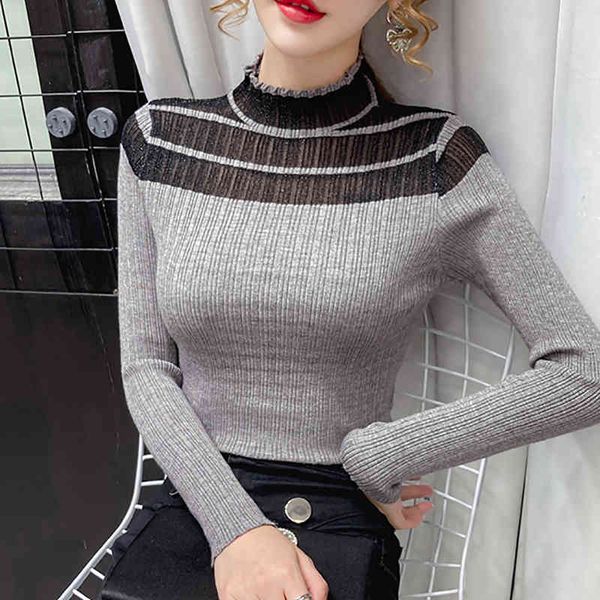 

women's sweaters shintimes ruched striped sleeve long female sweater winter hollow knitted out korean crochet high collar pull femme wn, White;black