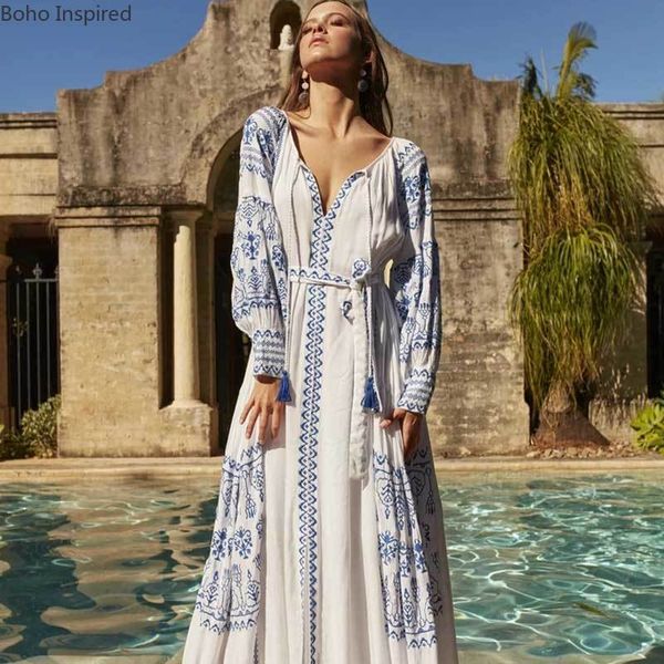 

BOHO INSPIRED Moroccan embroidery Maxi Dress self tie boho dress v-neck tassle tie white dress female 2021 Spring summer, Default color