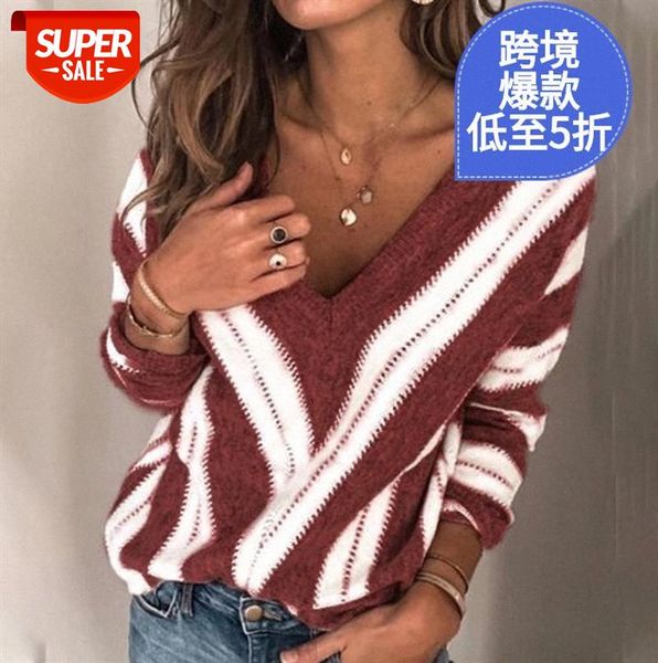 

v-neck striped sweater women's contrast stitching casual knit european and american long-sleeved women #hi3r, Black;gray