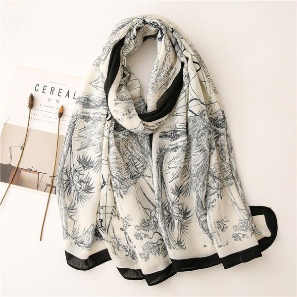 

scarves korean fashion cotton and linen scarf creative graphic printing dual-use thin winter silk long gauze women, Blue;gray