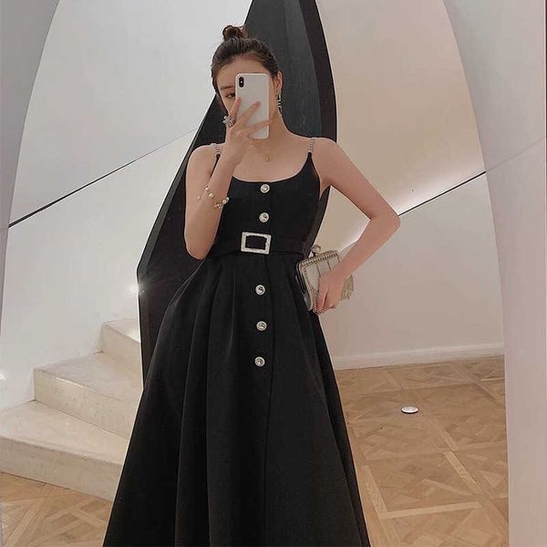 

luxury party evening dress fall 2021 french style black celebrity temperament suspender single breasted closed waist split large swing skirt, White;pink