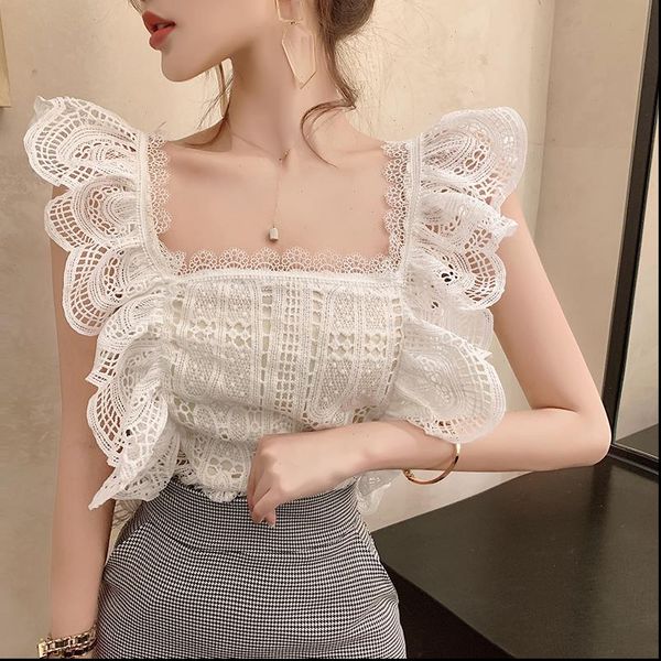 

summer sweet hollow out women blouses white sleeveless ruffled lace shirt