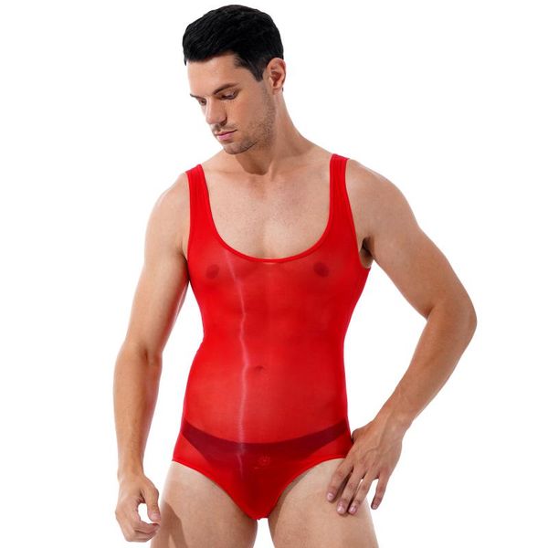 

one-piece suits mens lingerie see-through bodysuit underwear glossy scoop neck close-fitting sleeveless leotard