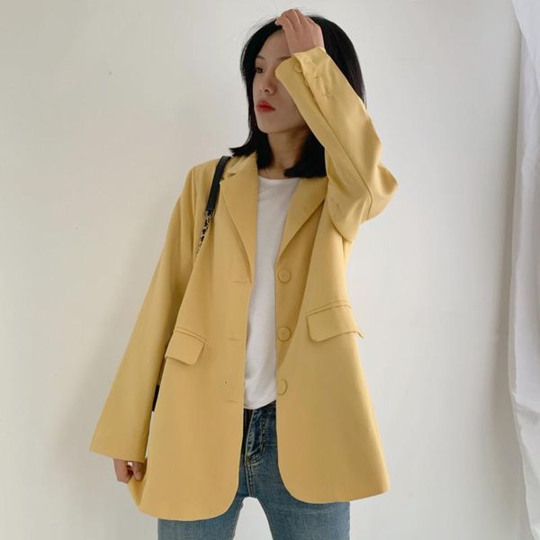 

women's suits & blazers [ewq] 2021 spring female office lady notched collar long-sleeved single breasted loose yellow minimalist blazer, White;black