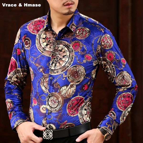 

chinese style fashion printing bussiness casual long sleeve shirt autumn 2021 gold velvet soft silky quality men -3xl men's shirts, White;black