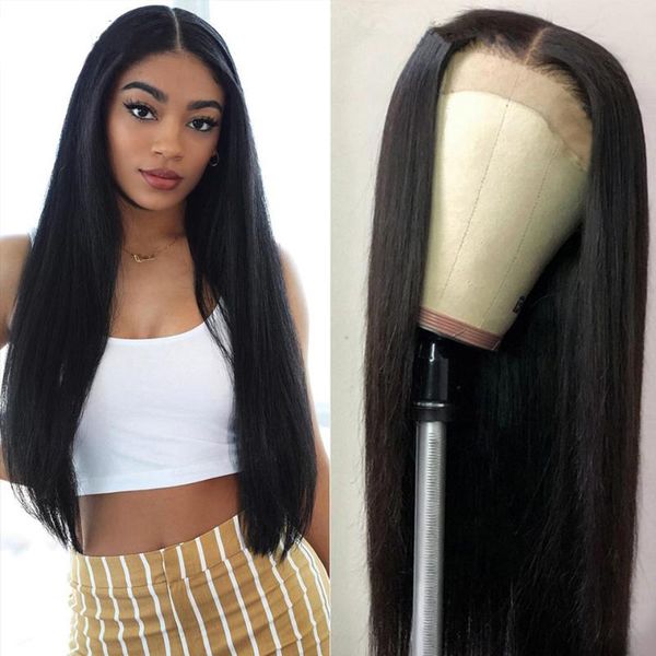 

part lace front closure wig straight brazilian human remy hair frontal wigs pre plucked for black women daily wear, Black;brown