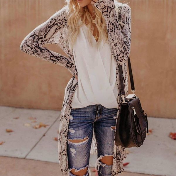 

long cardigan leopard snake print womens sweater knitted sleeve autumn coats plus size clothing, White;black