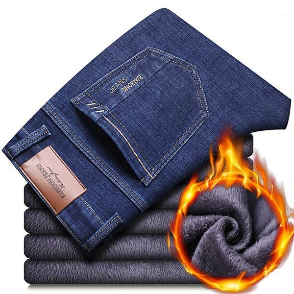 

men's jeans winter thermal warm flannel stretch mens quality fleece pants straight flocking trousers denim, Blue