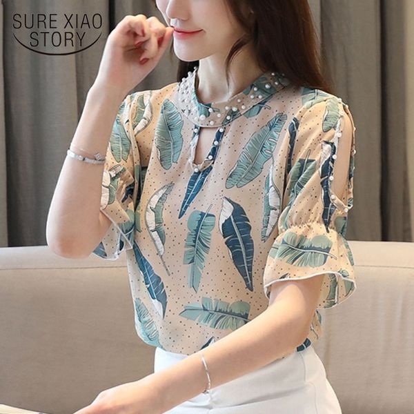 

fashion women blouses casual short sleeve woman's shirts summer chiffon blouse shirt ladies 8955 50 210508, White