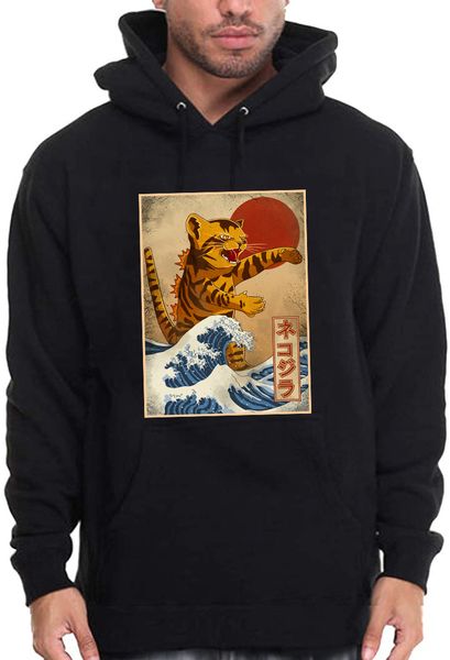 

catzilla great wave pet animal japanese monster parody black hoodie s5x, White;black