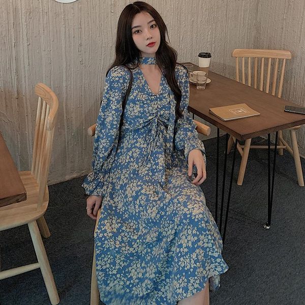 

casual dresses autumn 2021 print ladies vestidos adjust waist women dress flare sleeve female robe halter boho blue color plus size, Black;gray
