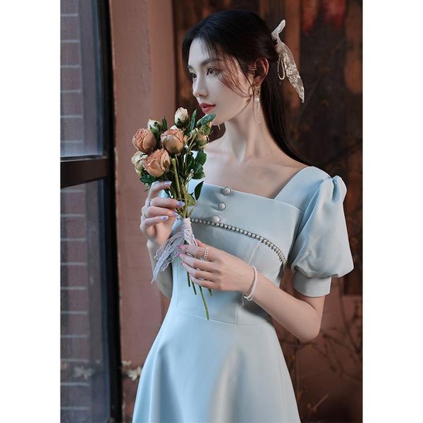 

ethnic clothing classic vintage blue solid evening party gown square neck bridesmaid wedding dress beading puff sleeve celebrity engagement, Red