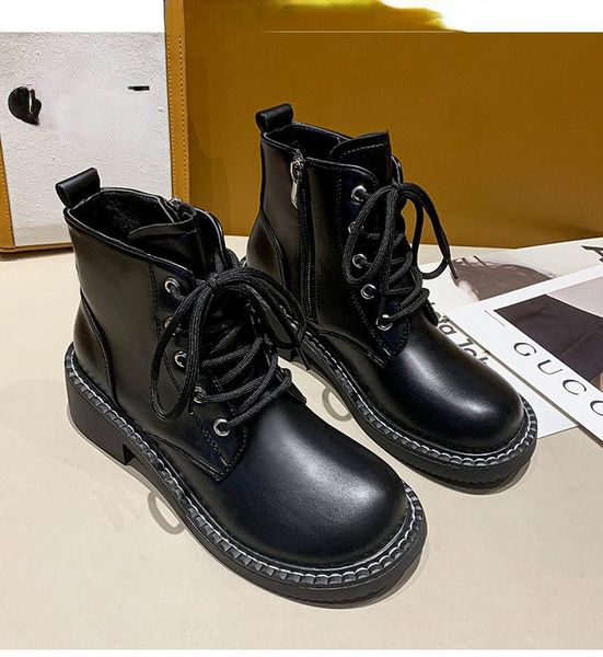 

boots 2021 genuine women shoes thick sole lace up autumn winter short ankle for motorcycle, Black