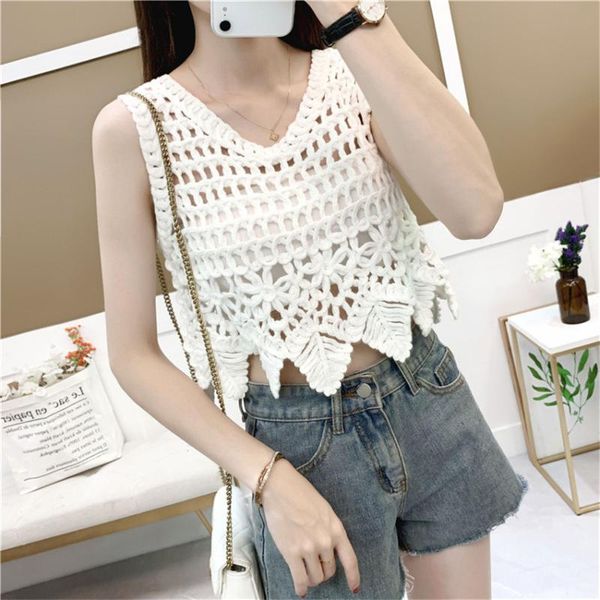 

women's vests bohemian holiday beach crochet vest women sleeveless waistcoat summer hollow out femme crop fashion tee shirt, Black;white