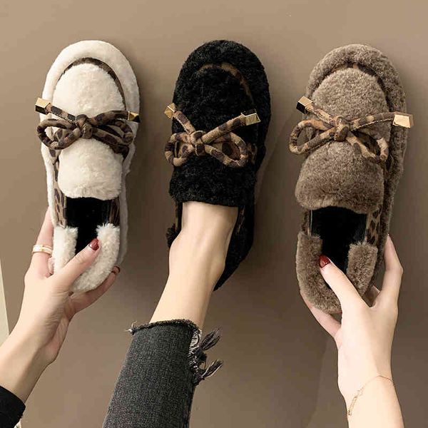 

dress shoes thick bottom fur moccasins women round toe bowtie leopard plush winter flats female mixed color furry cozy loafers slip on 77w8, Black