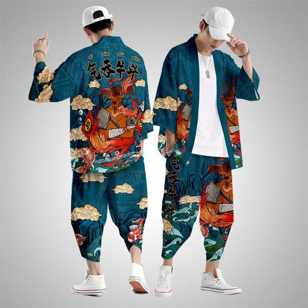 

summer anime cow printed kimono cardigan men japanese traditional casual loose thin set coat pants asian clothes harajuku ethnic clothing, Red