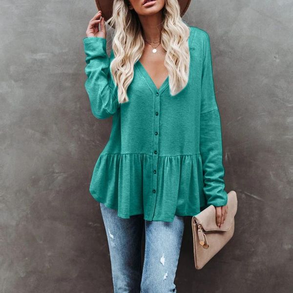 

women's blouses & shirts button up blouse women pleated shirt v-neck long sleeve pure color casual tunic chemise femme camisas, White
