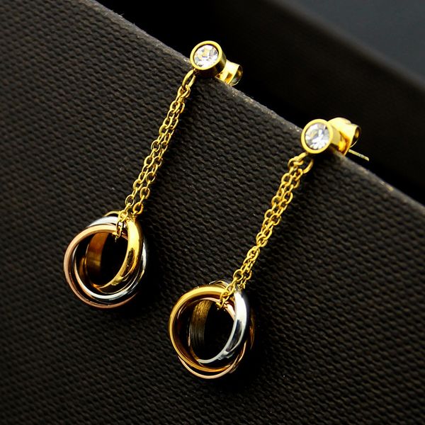 

autumn new fashion brand three ring titanium steel earrings 18k gold rose silver pendant earrings suitable for couple gifts, Golden;silver