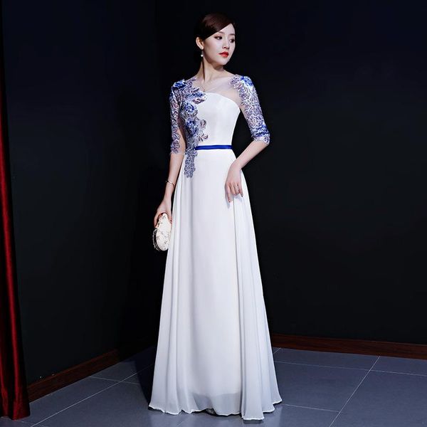 

ethnic clothing white appliques evening party dress v-neck stage show slim long hostess temperament banquet prom gowns, Red