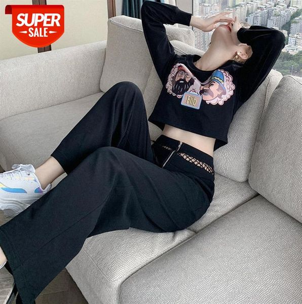 

korean casual long-sleeved loose pullover high-waist hollow design wide-leg pants suit #0t1s, Black;gray