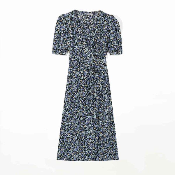 Sexy Kurzarm Wrap Midi Kleid Frankreich Blau Rose Baum Druck Frauen Chic Sommerkleid Schalkragen Abdeckung Split Vestidos 210510