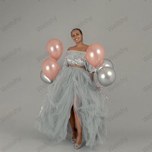 

high side split tulle skirts women elastic waist long puffy tutu skirt for birthday party custom made, Black