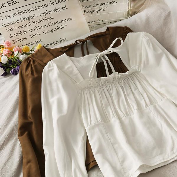 

french niche back hollow lace-up slim small shirt women 2021 wood ear pleated long-sleeved bottoming women's blouses & shirts, White