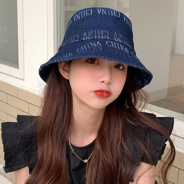 

wide brim hats cowboy solid color letter bucket hat women's panama outdoor hip hop cap retro washed girl fisherman street goods, Blue;gray