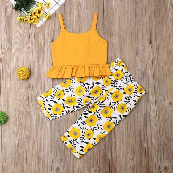 

0 4y summer toddler baby girl clothes sleeveless button sling crop flower long pants outfits clothing suit, White