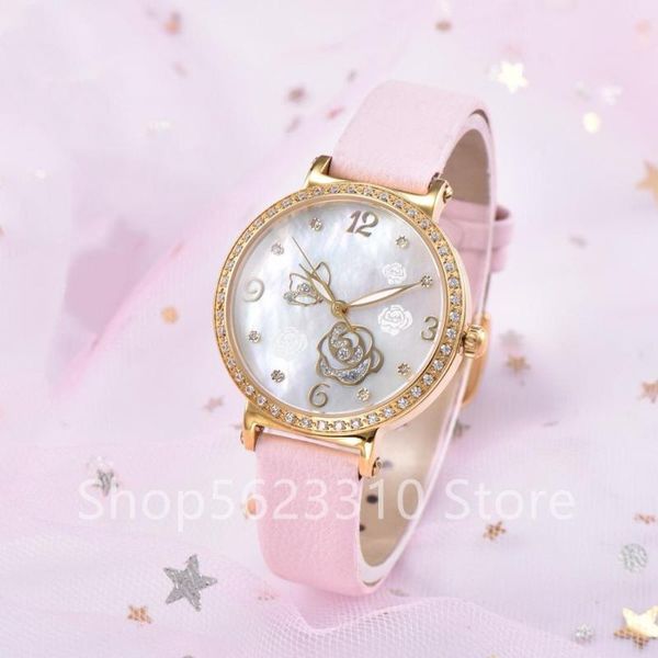 

wristwatches exquisite butterfly quartz wrist watch steel rose clock luxury women crystal flower watches natural mother of pearl, Slivery;brown