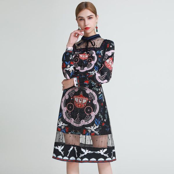 

autumn style women's fashion party casual elegant chic zipper mesh stitching print dress dresses, Black;gray