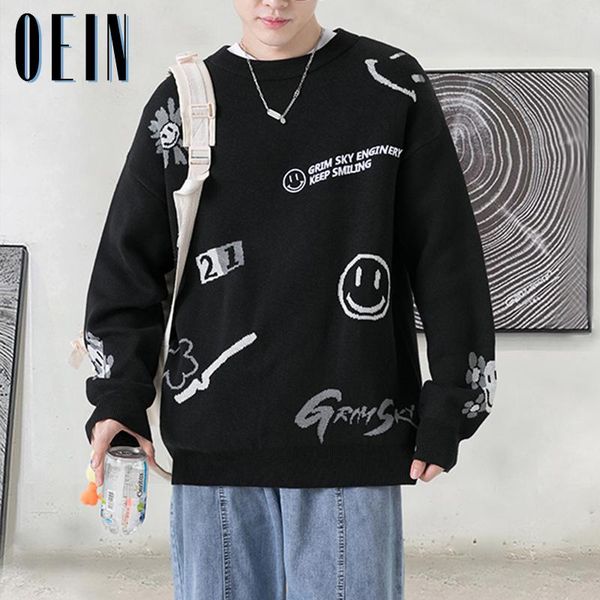 

men's sweaters 2021 japanese streetwear men harajuku oversized knitted sweater cartoon anime print casual pullovers korean clothes pull, White;black