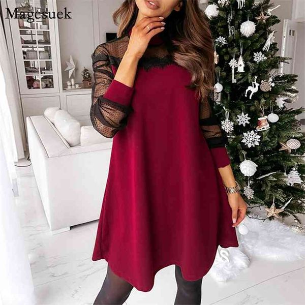 Rendas Malha Preto Vestido Vermelho Mulheres Mola Moda Mini Sexy Es Loose A-Linha Manga Longa Escritório Feminino Vestidos 12835 210512