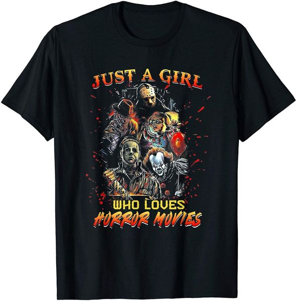 

womens just a girl who loves horror movies halloween costume t-shirt size s-5xl, White;black
