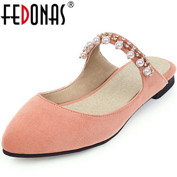 

brand design women square heels summer suede leather half slippers sandals pearl decoration pointed toe shoes woman 210528, Black