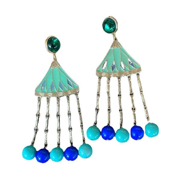 

dangle & chandelier enamel fan fringe beads tassel drop earrings for women 925 silver needle