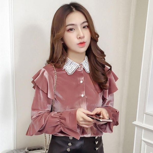 

spring autumn women korean fashion turndown collar retro gold velvet ruffle shirt loose and versatile blouse blusa y373 women's blouses, White