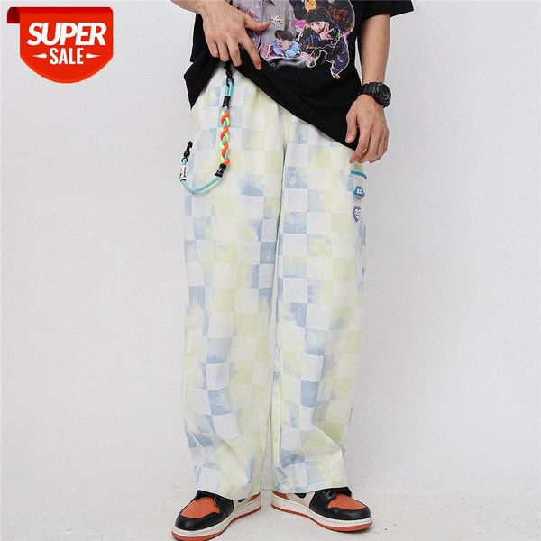

pendant decorative lattice tie-dye casual pants men's street flow loose straight-leg trousers elastic waist wide-leg #888k, Black