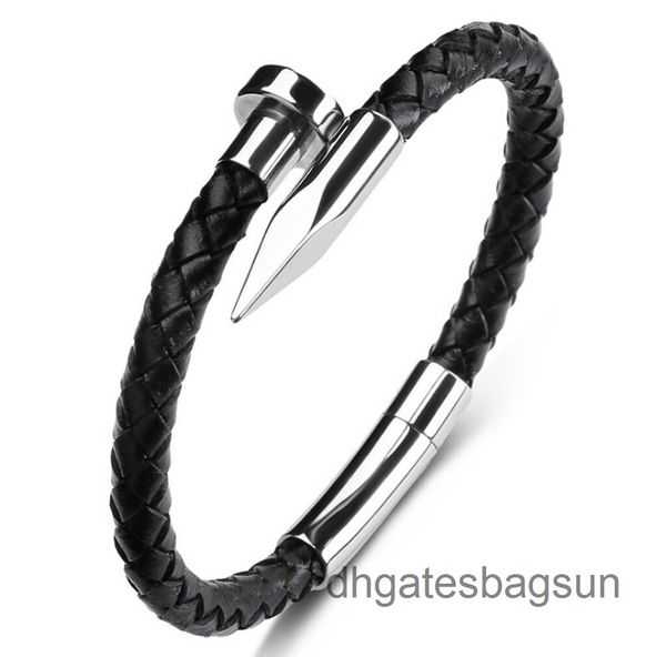 

men's women's silver nail black braided genuine leather bracelet / bangle 7.5-9"