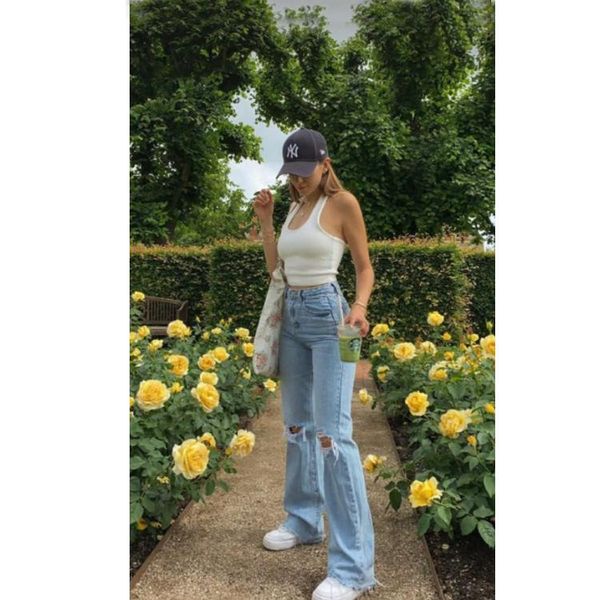 

women's jeans 2021 high waist wide leg pants with holes washed blue denim