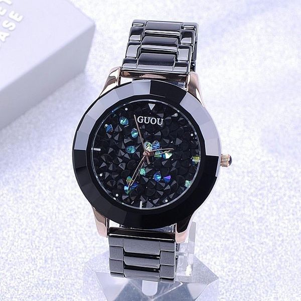 

wristwatches fashion guou brand black stainless steel watch really personality rhinestone full diamond lady luxury woman, Slivery;brown
