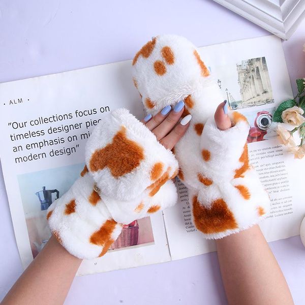 

five fingers gloves winter women keep warm plus velvet fluffy thicken cute lovely cartoon cows driving half finger clamshell flip mittens, Blue;gray