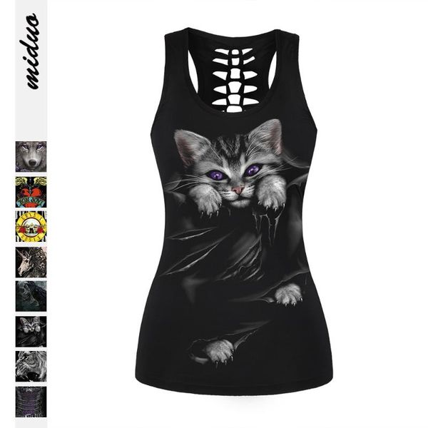 

women's tanks & camis 3d digital printing hollowed out european and american i-shaped vest slim back female punk spring autumn cat, White
