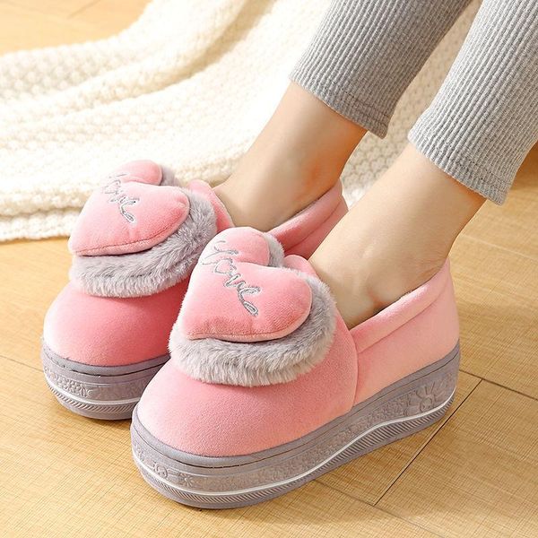 

winter heart design slide warm plush anti-slip indoor home floor slippers comfortable soft sole platform shoes woman, Black